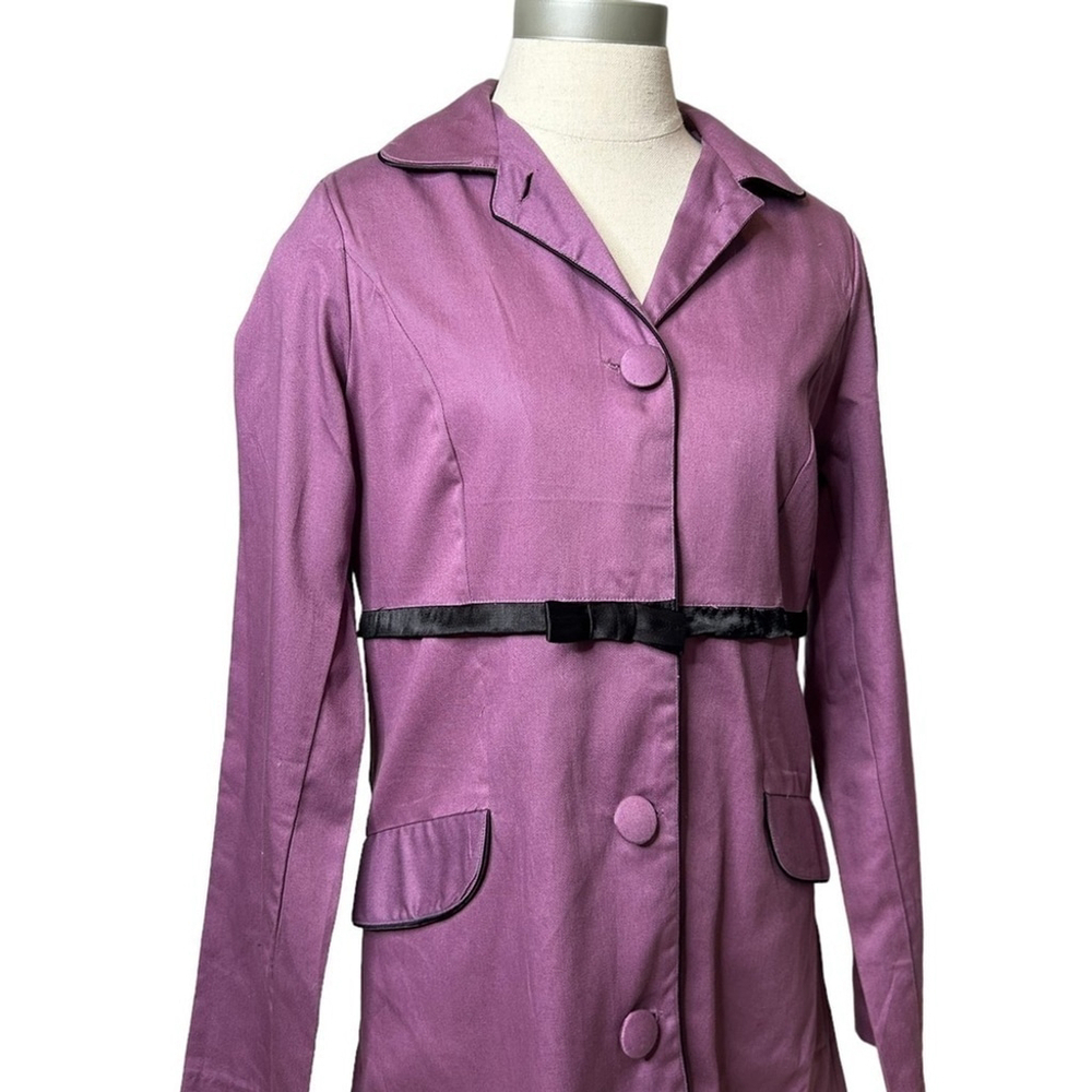 Angie Purple and Black Bow Collared Trench Coat Lightweight Long Sleeve Jacket - Picture 3 of 16